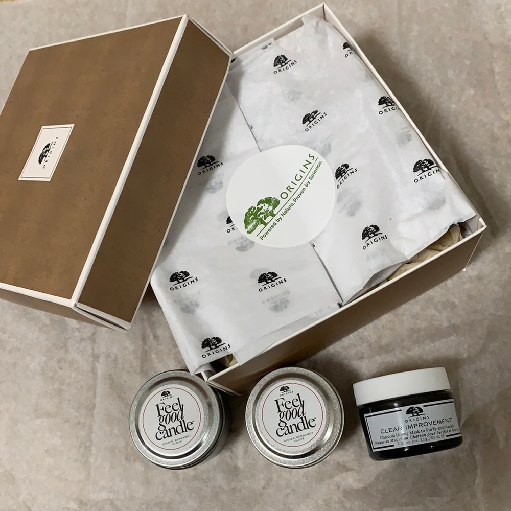 New Origins charcoal honey mask and candles set
